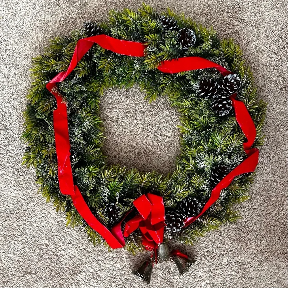Elegant Artificial Green Christmas Holiday Wreath with Red Ribbon and Pinecones